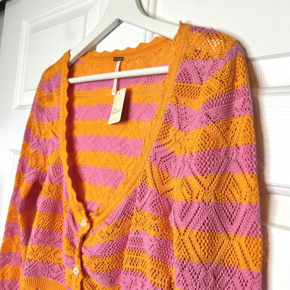 Free People NWT Benny Knit Striped Crochet Knit Cropped Cardigan Sweater M - Picture 3 of 7